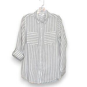 Japna Long Sleeve Button Down White Stripe Cotton Shirt Size M
